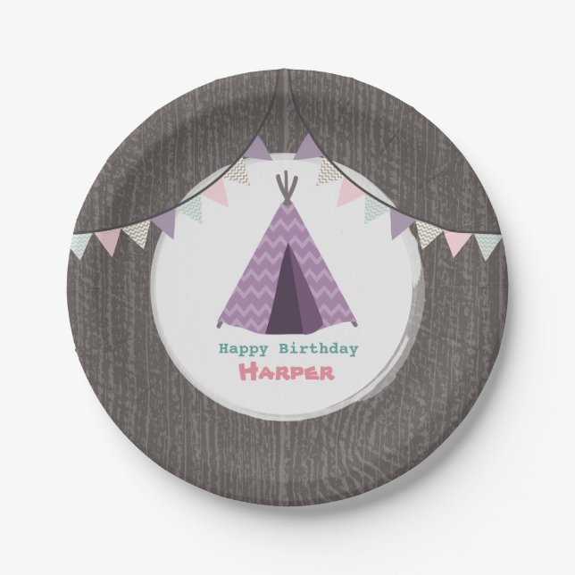 Assiettes En Carton Anniversaire de Tipi pourpre (Devant)