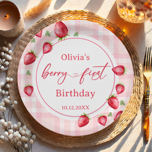 Assiettes En Carton Anniversaire des fraises roses En vichy