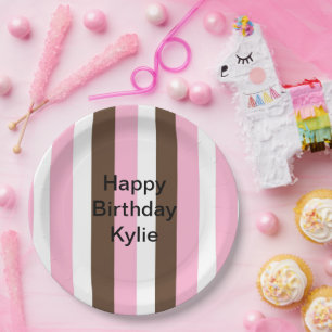 Assiettes En Carton Anniversaire des rayures rose, chocolat et blanche