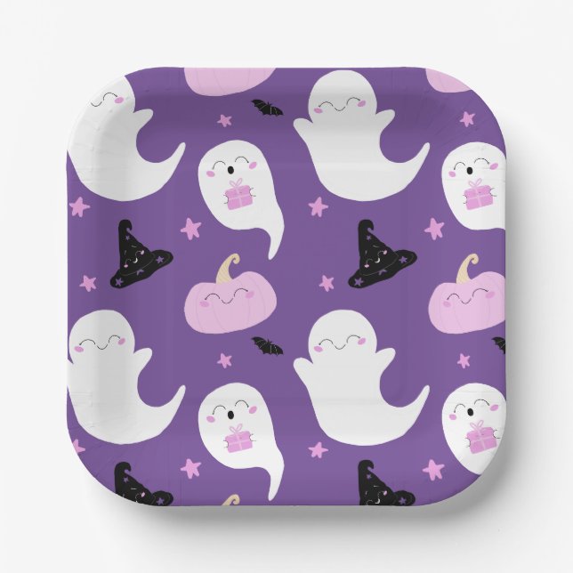 Assiettes En Carton Anniversaire d'Halloween mou et rose (Recto)