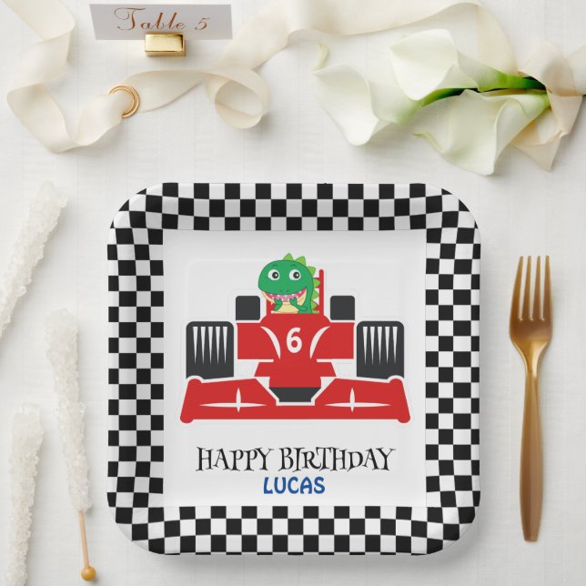 Assiettes En Carton Anniversaire Dinosaur voiture de course rouge nom  (Mariage)
