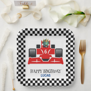 Assiettes En Carton Anniversaire Dinosaur voiture de course rouge nom 