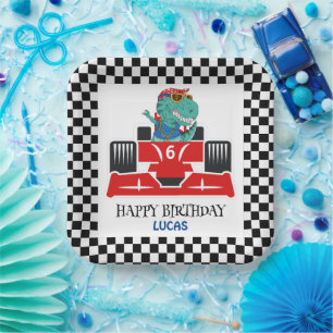 Assiettes En Carton Anniversaire Dinosaur voiture de course rouge nom 