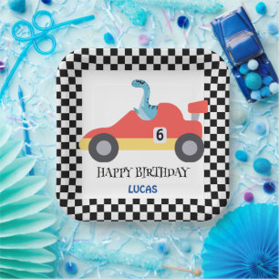 Assiettes En Carton Anniversaire Dinosaur voiture de course rouge nom 
