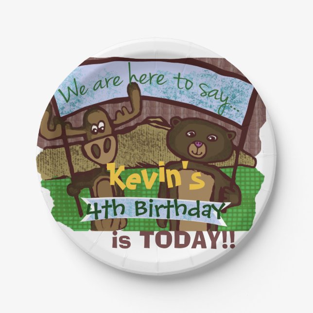 Assiettes En Carton Anniversaire d'orignaux et d'ours (Devant)