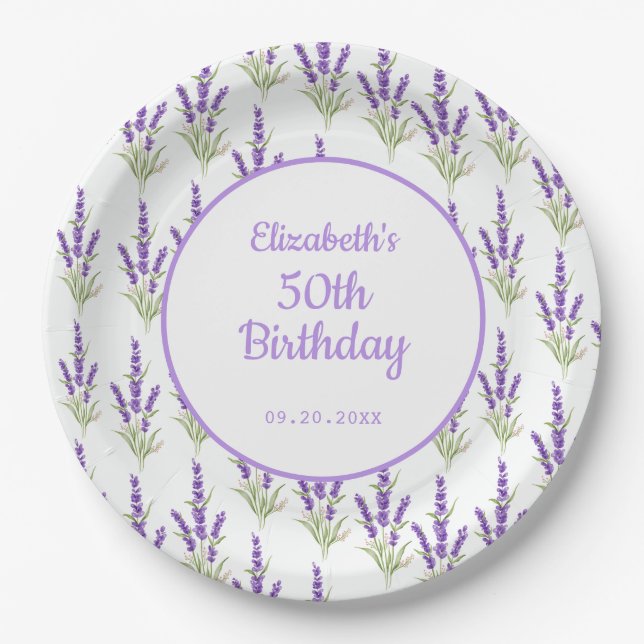 Assiettes En Carton Anniversaire du cadre antique de lavande violette (Devant)