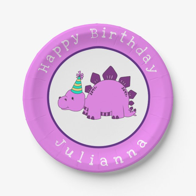 Assiettes En Carton Anniversaire du Dinosaur pourpre (Devant)