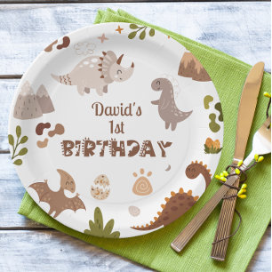 Assiettes En Carton Anniversaire du Dinosaure Neutre