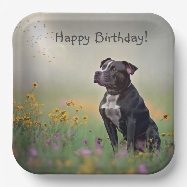 Assiettes En Carton Anniversaire du Pitbull noir (Recto)