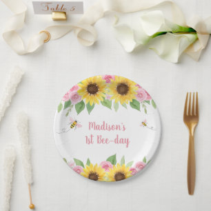 Assiettes En Carton Anniversaire du tournesol d'abeille rose