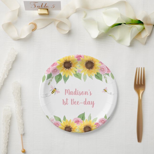 Assiettes En Carton Anniversaire du tournesol d'abeille rose (Mariage)
