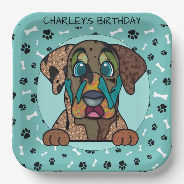 Assiettes En Carton Anniversaire du visage de Chien Catahoula laid (Recto)