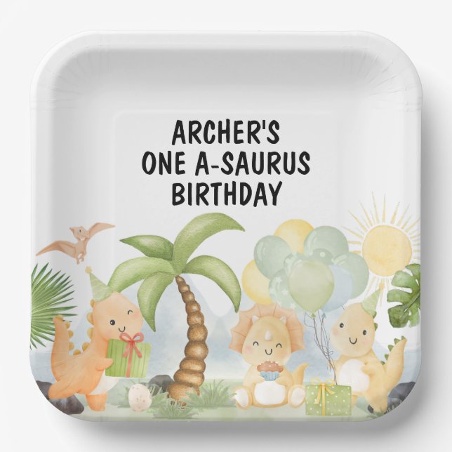 Assiettes En Carton Anniversaire d'un A-Saurus Dinosaur (Recto)