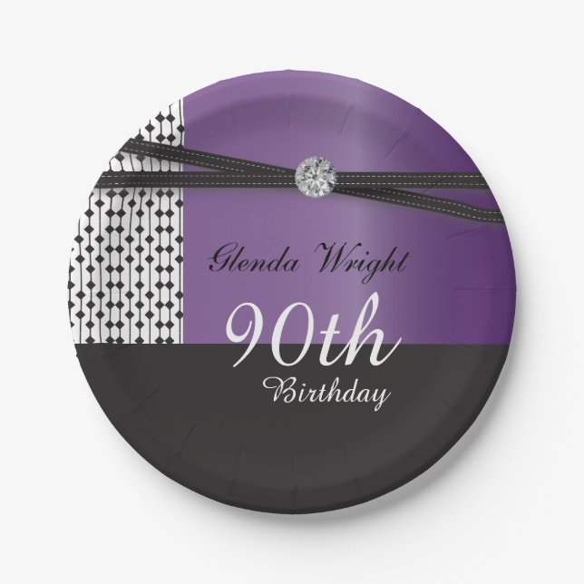 Assiettes En Carton Anniversaire élégant de l'Améthyste mauve et noir (Devant)