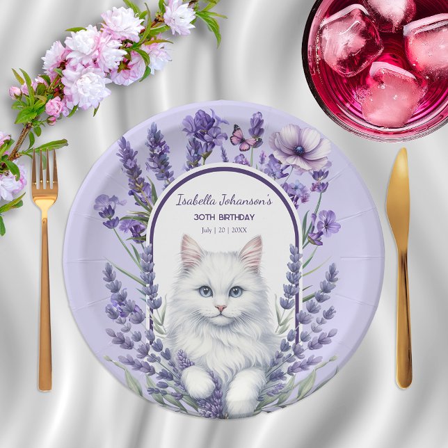 Assiettes En Carton Anniversaire élégant de Lavande et de Chat (Créateur téléchargé)