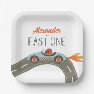 Assiettes En Carton Anniversaire Fast One voiture de course bleue