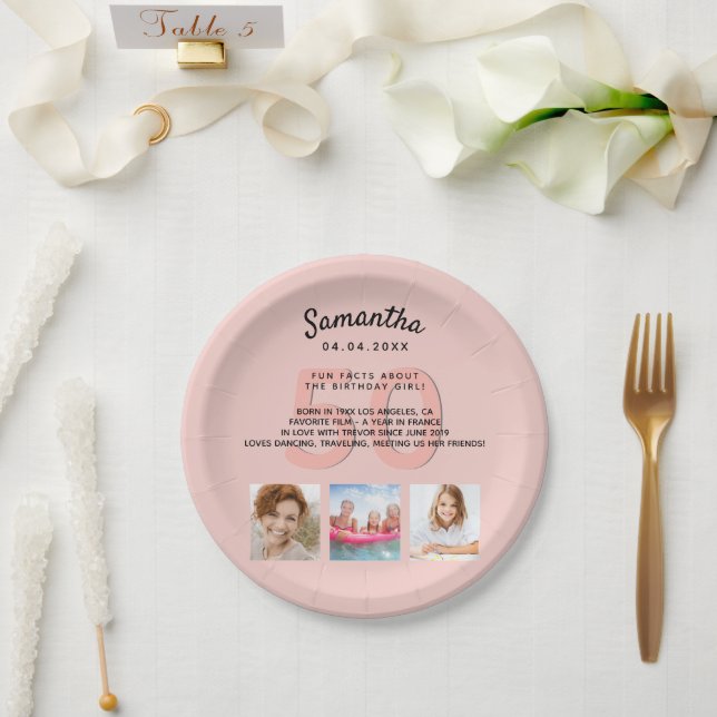 Assiettes En Carton Anniversaire fête personnalisée photo rose or fait (Mariage)