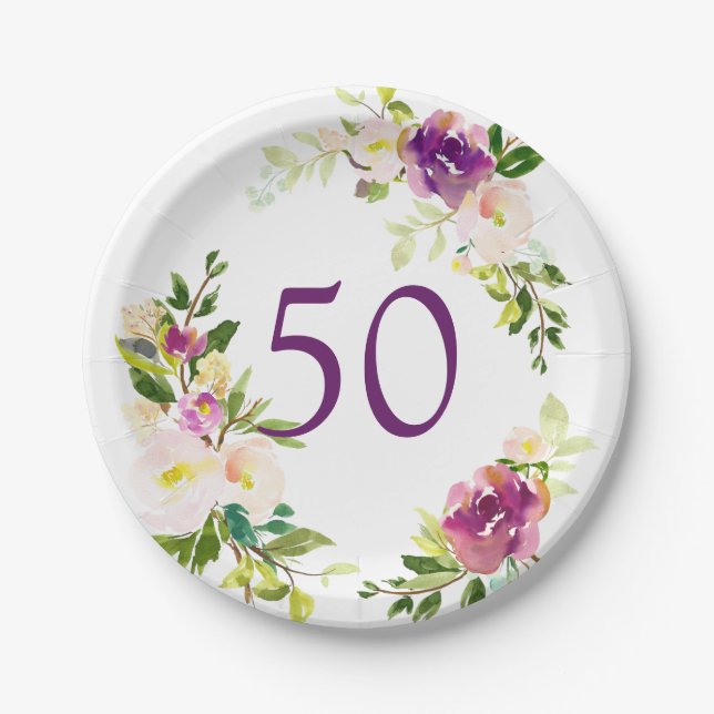 Assiettes En Carton Anniversaire floral d'aquarelle cinquantième (Devant)