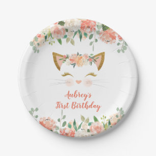 Assiettes En Carton Anniversaire floral de crème de pêche de chat de