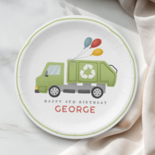 Assiettes En Carton Anniversaire Garçon Moderne Camion à Ordures Vert 