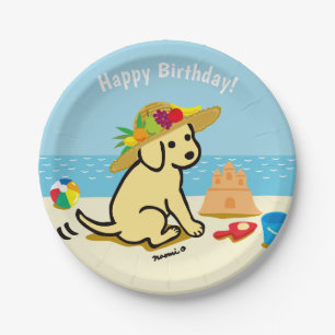 Assiettes En Carton Anniversaire jaune de chapeau de paille de chiot