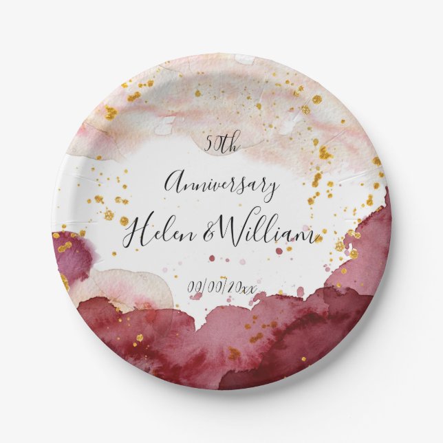 Assiettes En Carton Anniversaire mariage Or et Bourgogne (Devant)