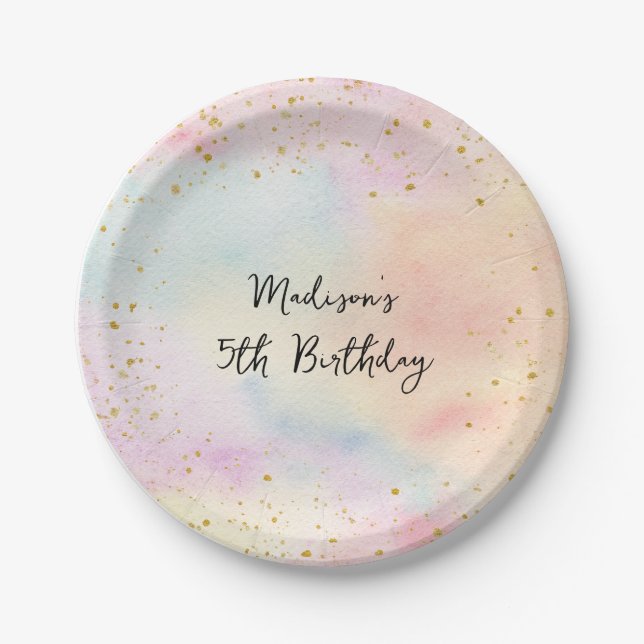 Assiettes En Carton Anniversaire minimaliste Pastel Rainbow Gold (Devant)