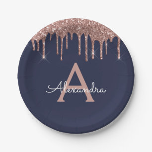 Assiettes En Carton Anniversaire Monogramme Paillettes Bleu Marine Ros