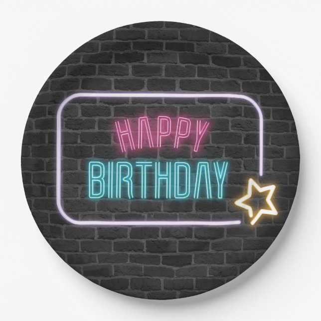 Assiettes En Carton Anniversaire Neon Connexion sur mur de briques (Devant)