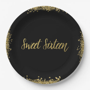 Assiettes En Carton Anniversaire noir de parties scintillantes d'or du