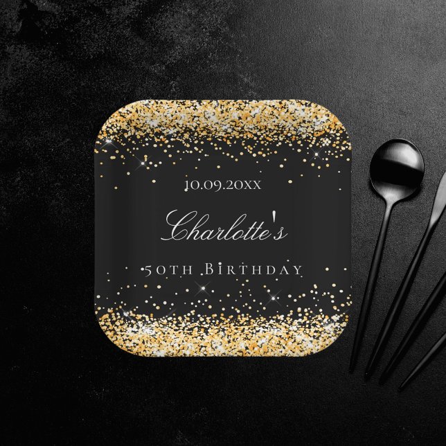 Assiettes En Carton Anniversaire noir or parties scintillant scintille (Créateur téléchargé)