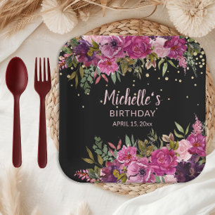 Assiettes En Carton Anniversaire Paillettes Floral Noir Rose Violet Él