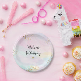 Assiettes En Carton Anniversaire Pastel Rainbow Pink Gold