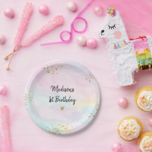 Assiettes En Carton Anniversaire Pastel Rainbow Pink Gold