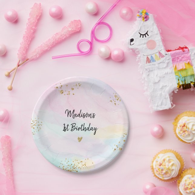 Assiettes En Carton Anniversaire Pastel Rainbow Pink Gold (Fête)