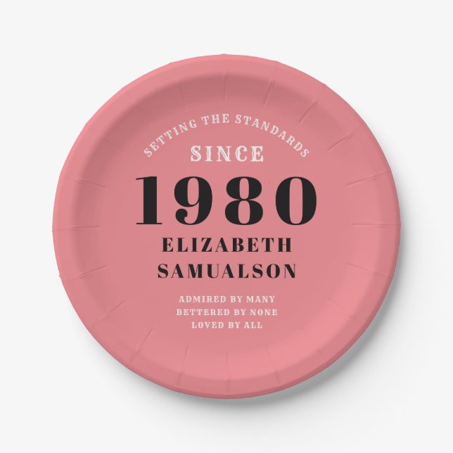 Assiettes En Carton Anniversaire personnalisé 1980 Réglage rose (Devant)