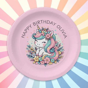 Assiettes En Carton Anniversaire personnalisé de fille licorne rose