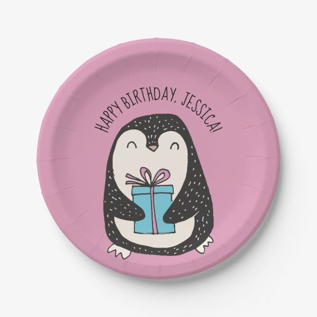 Assiettes En Carton Anniversaire personnalisé en rose pingouin (Devant)