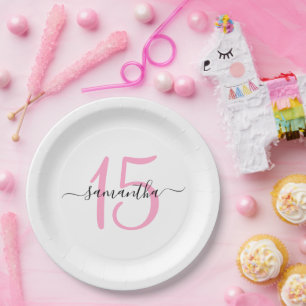 Assiettes En Carton Anniversaire personnalisé rose 15 ans