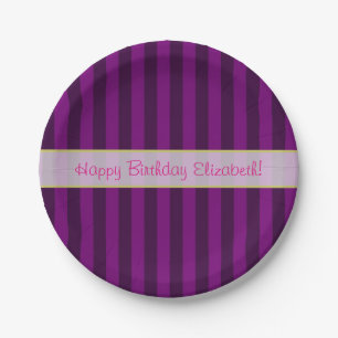 Assiettes En Carton Anniversaire personnalisé sur un Motif rayé violet