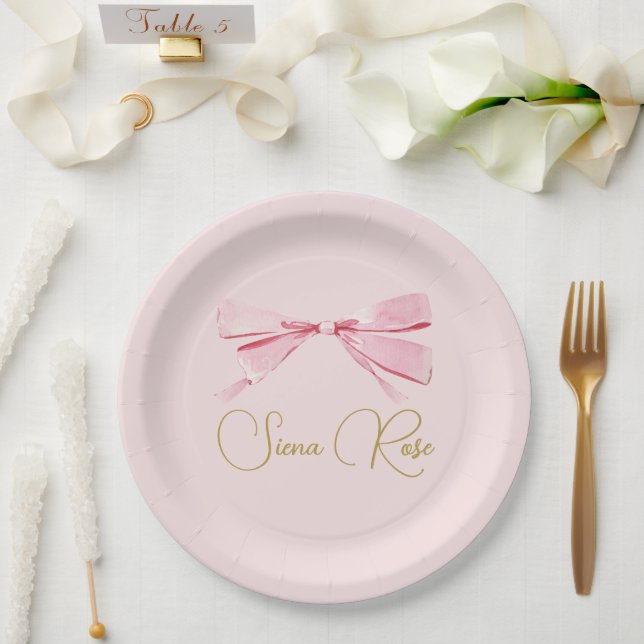 Assiettes En Carton Anniversaire rose Aquarelle Bow mignonne (Mariage)