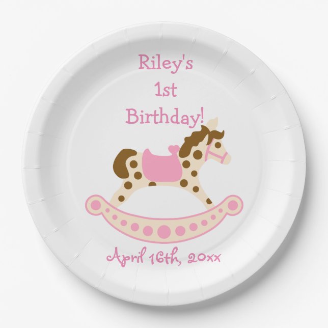 Assiettes En Carton Anniversaire rose de cheval de basculage (Devant)