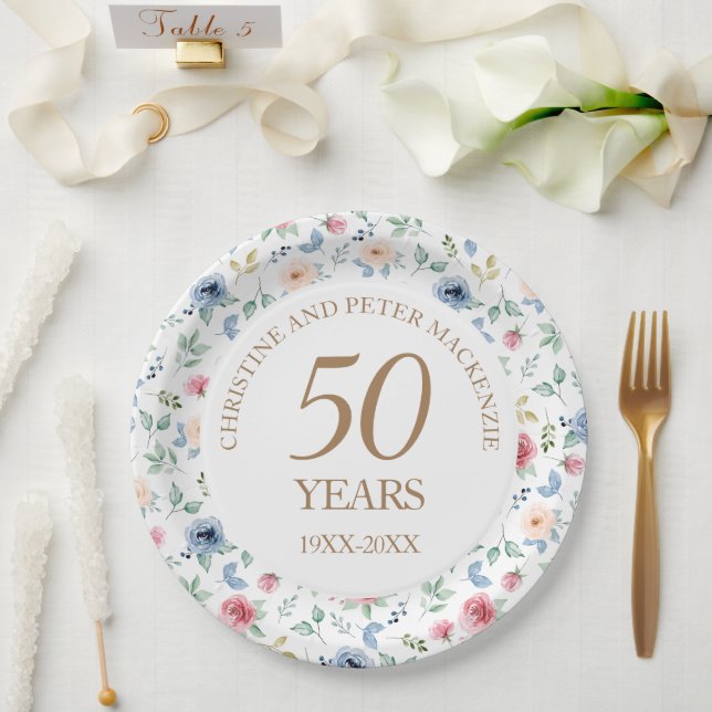 Assiettes En Carton Anniversaire Rose du 50e Mariage Blush (Mariage)