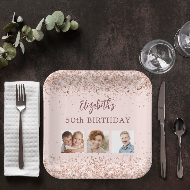 Assiettes En Carton Anniversaire rose en or confetti photo (Créateur téléchargé)