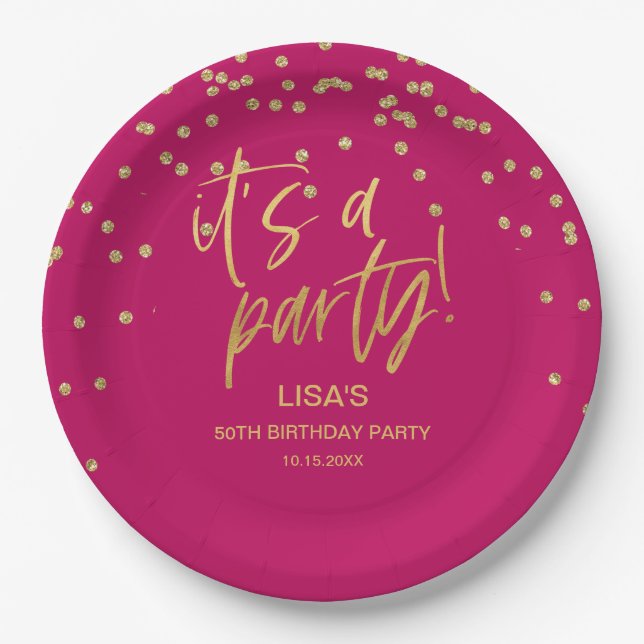 Assiettes En Carton Anniversaire rose et or chaud (Devant)