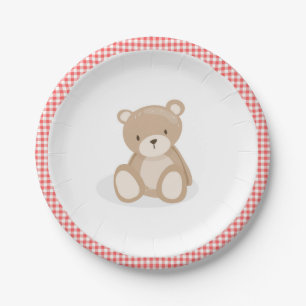 Assiettes En Carton Anniversaire rouge de guingan d'ours de nounours