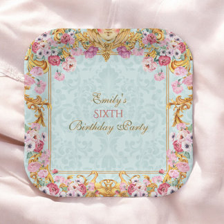 Assiettes En Carton Anniversaire Sixième Baroque Rococo Or Pastel Bleu