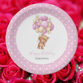 Assiettes En Carton Anniversaire Teddy Bear Girl Balloons Points Rose