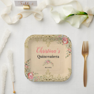 Assiettes En Carton Anniversaire vintage Gold Floral Quinceañera