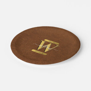 Assiettes En Carton Antique Faux Cuir & Or Monogramme